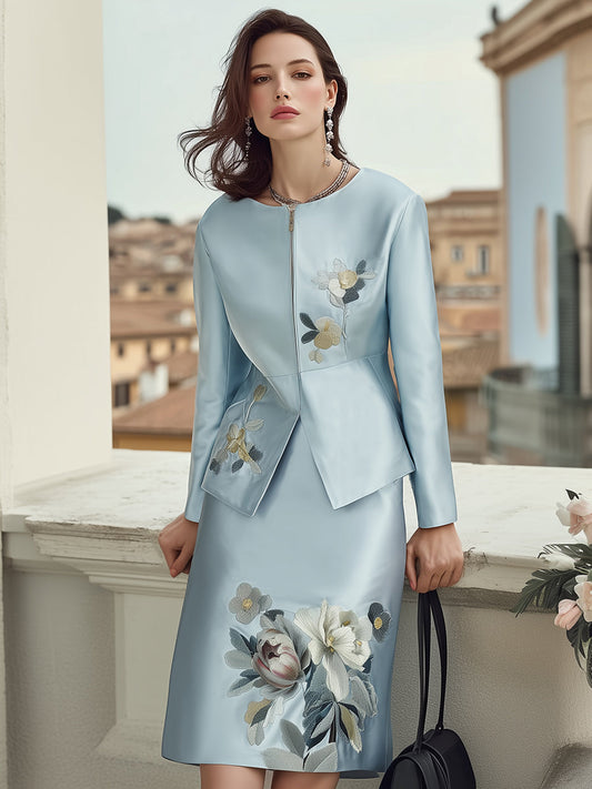 Elegant Light Blue Embroidered Skirt Suit With Zip-Up Jacket
