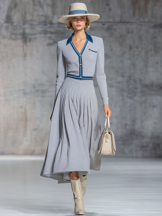 Fashion Retro Gray Knitted Long Sleeve Midi Dress Set