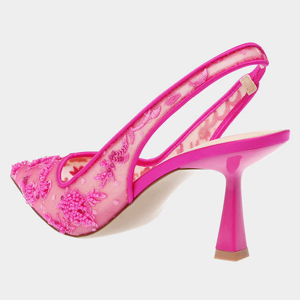Fuchsia Mesh Beads Sequins Pointed Toe Flared Heel Slingback Shoes