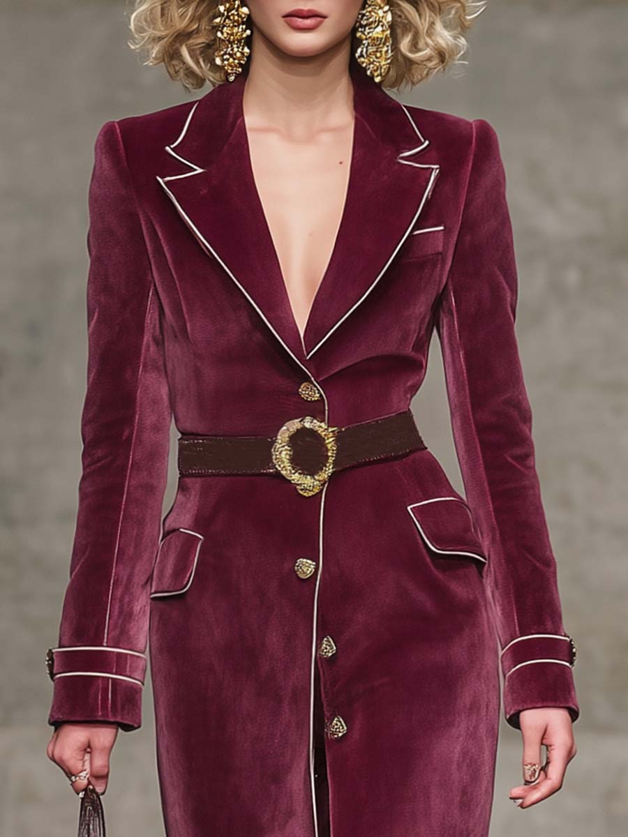 Exquisite Vintage Western Notch Lapel White Trim Front Button Raspberry Red Velvet Coat