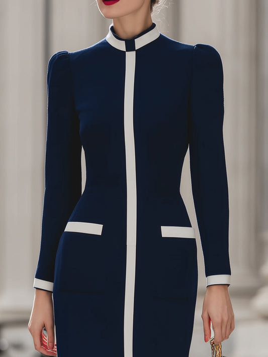 Elegant Navy Contrast-Trim Midi Dress With Structured Silhouette