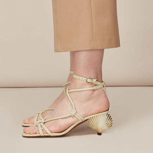 Beige Square Toe Decorative Heel Ankle Strap Sandals