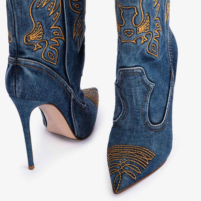 Denim Pointed Toe Stiletto Heel Embroidered Cowgirl Boots in Blue