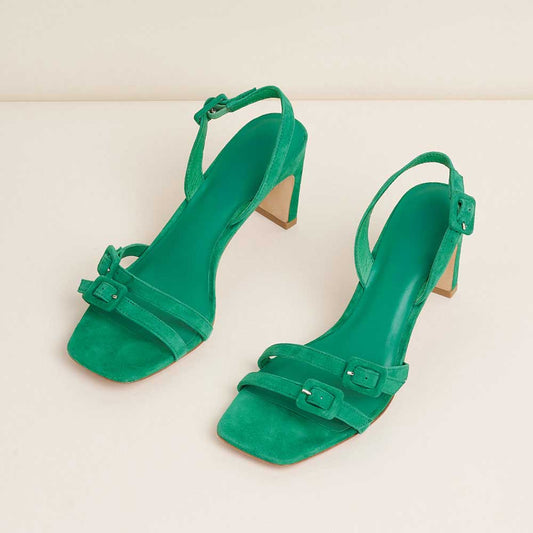 Faux Suede Vegan leather Insole Ankle Strappy Heel Sandals in Green