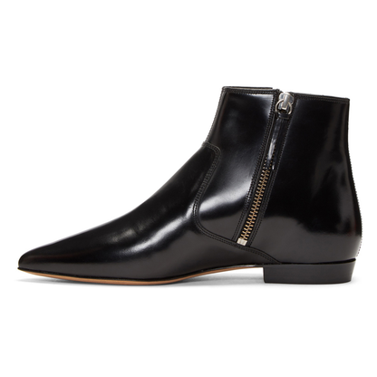 Full Black Pointed Toe Double Zipper Flat Ankle Boots