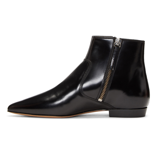 Full Black Pointed Toe Double Zipper Flat Ankle Boots