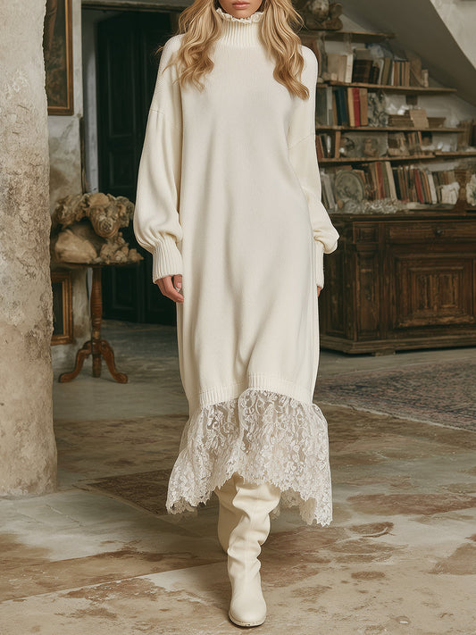 Elegant And Romantic Lotus Leaf Collar Lace Stitching White Knitted Maxi Dress