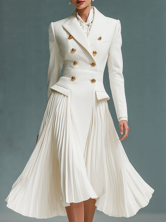Elegant And Fashionable White Double-breasted Long-sleeved Midi Dress
