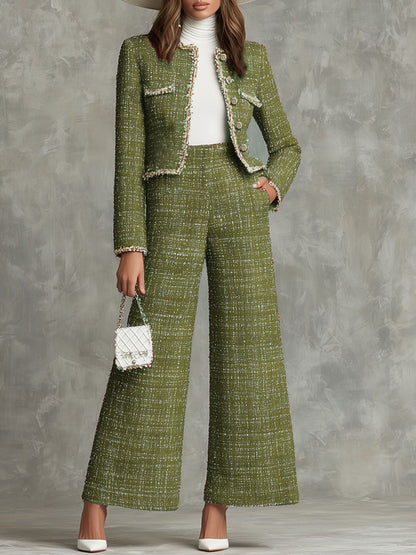 Elegant Textured Fabric Jacket And Wide-leg Pants Set