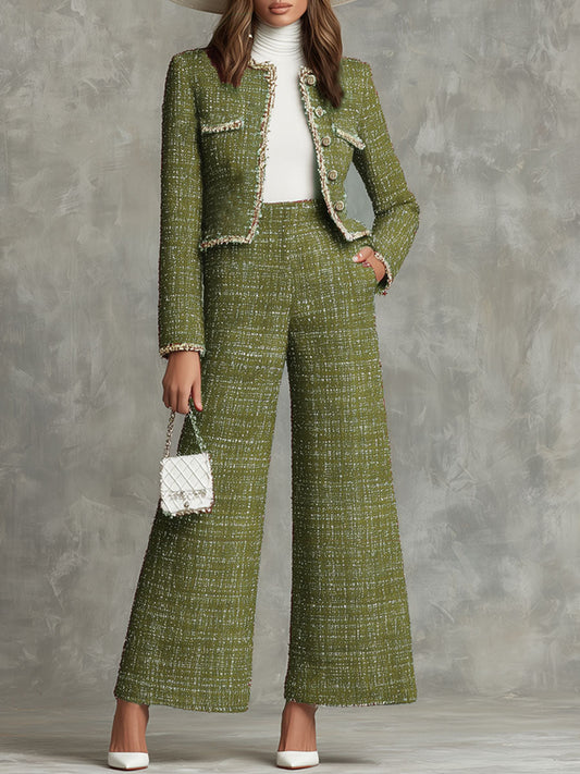 Elegant Textured Fabric Jacket And Wide-leg Pants Set