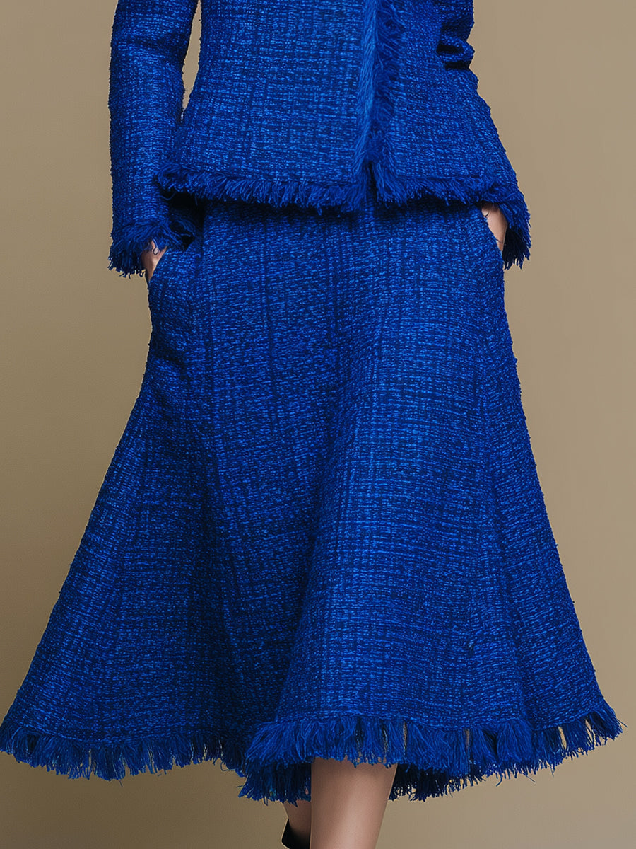 Elegant And Exquisite Oblique Collar Raw Edge Jacket Mid-length Skirt Royal Blue Tweed Set