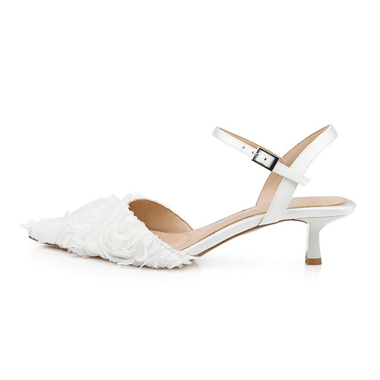 Elegant White Lace Rose Pointed Toe Ankle Strap Wedding Heels