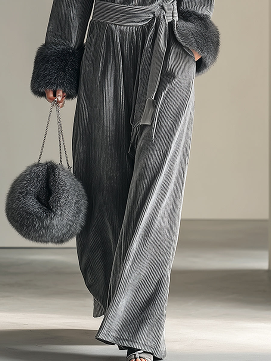 Elegant Loose Fur Trim Silver-gray Textured Velvet Hooded Front Zipper Belt Long-sleeved Jumpsuit