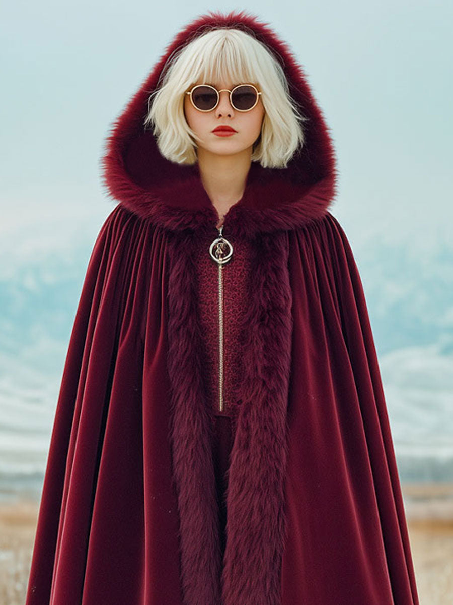 Fashion Retro Faux Fur Collar Trim Red Velvet Cape Coat