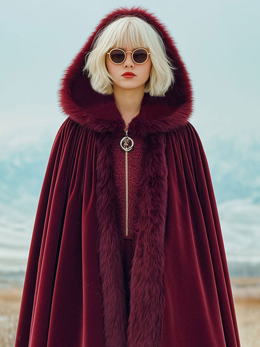 Fashion Retro Faux Fur Collar Trim Red Velvet Cape Coat