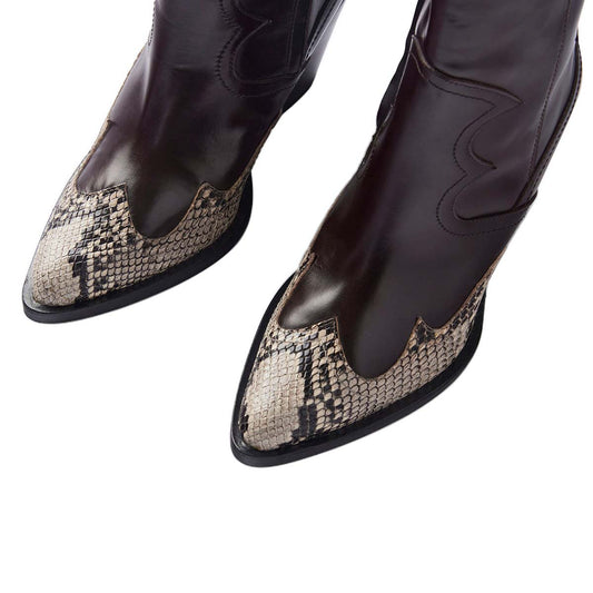 Dark Brown Faux Leather Chunky Heel Short Western Boots with Zipper