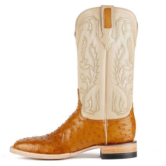 Beige & Tan Ostrich Embossed Mid-Calf Embroidered Cowgirl Boots