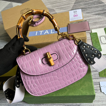 gg Bamboo 1947 Crocodile Top Handle Bag Pink For Women, Women&#8217;s Bags 10.2in/26cm gg