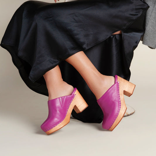 Fuchsia Vegan Leather Round Toe Chunky Heel Clog Platform Mules