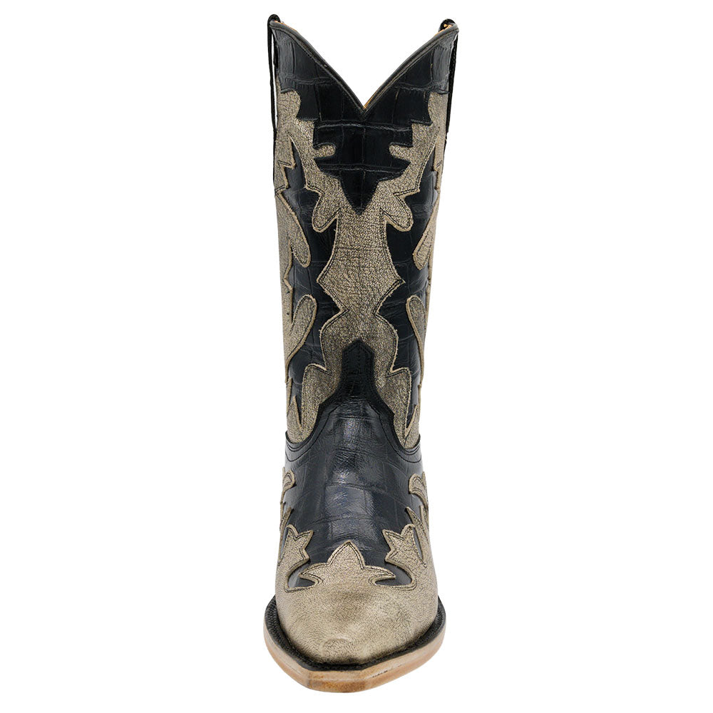 Gold & Black Block Heel Patchwork Snip Toe Western Boots for Women