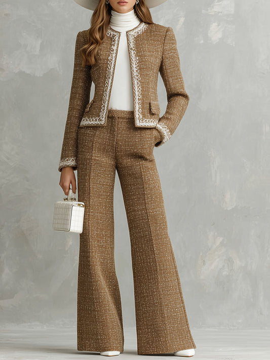 Elegant Textured Fabric Round Neck Jacket And Wide-leg Pants Set