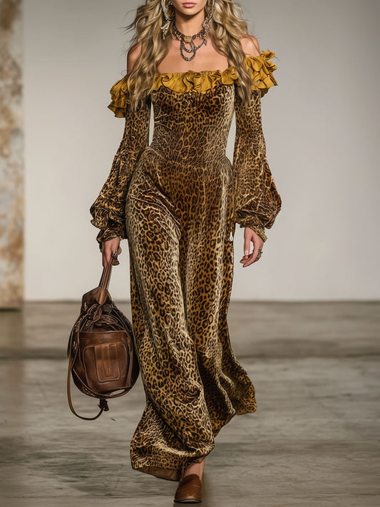 Fashion Retro Off-the-shoulder Ruffled Leopard Velvet Long-sleeved Maxi Dress