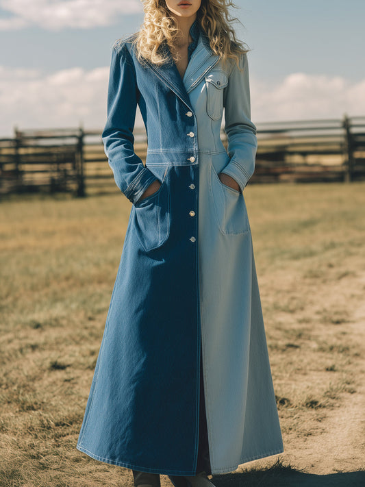 Fashionable Dark And Light Blue Colorblock Denim Long Trench Coat