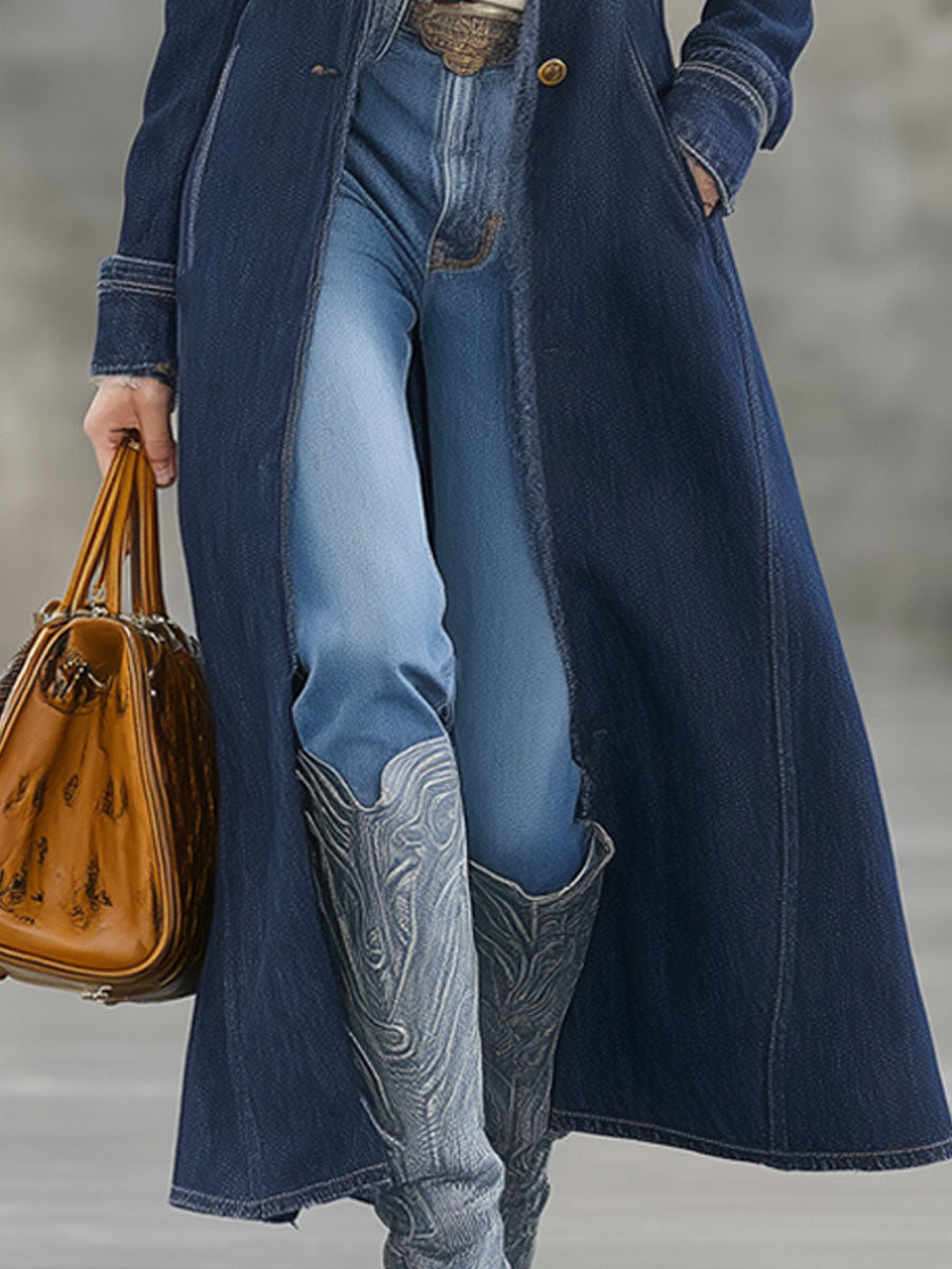 Fashion Retro Fur Collar And Fur Edge Dark Blue Denim Long Coat