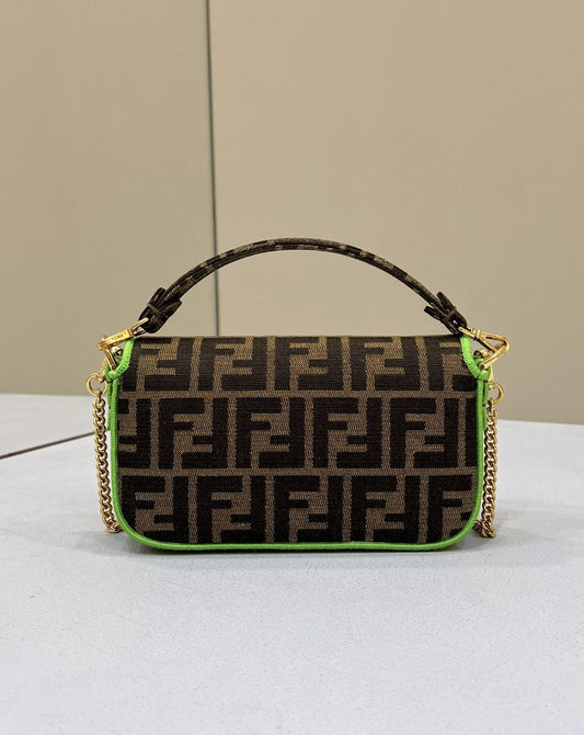 FI Baguette Small Brown Fabric Green Border Bag For Woman 18cm/7in