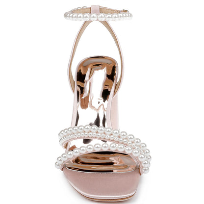 Elegant Pink Satin Pearl Strappy Wedding Sandals with Chunky Heel
