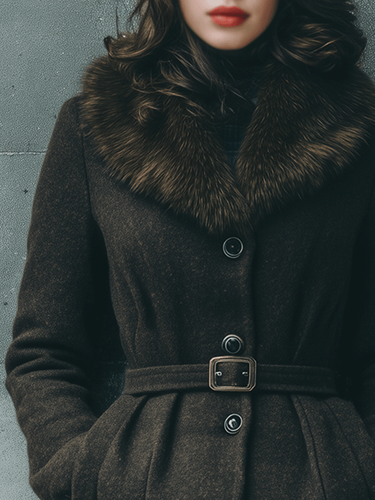 Elegant Wool Belted Coat With Faux Fur Collar