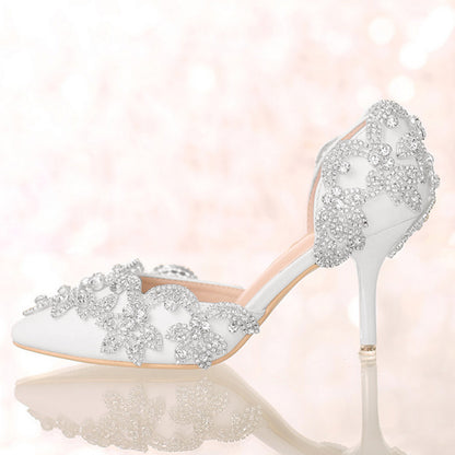 Elegant White Pointed Toe Rhinestone Embellished Wedding Heels
