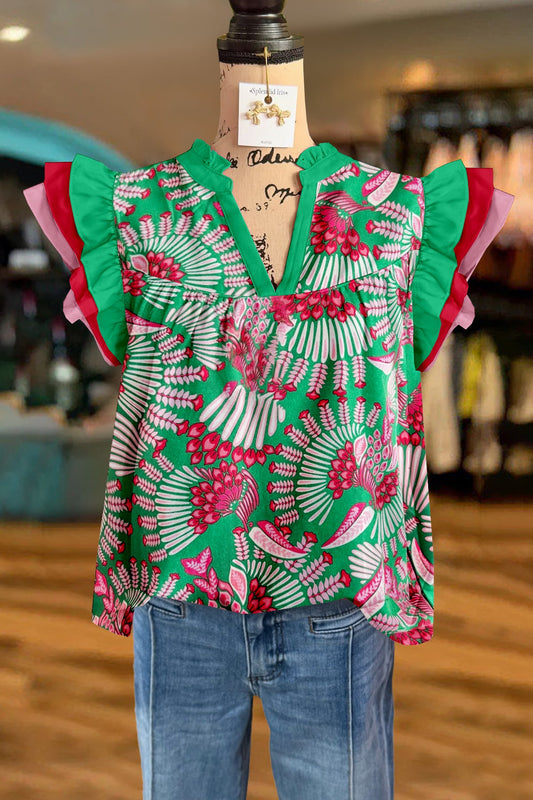 Classic Botanical Print V-Neck Fly Sleeve Blouse