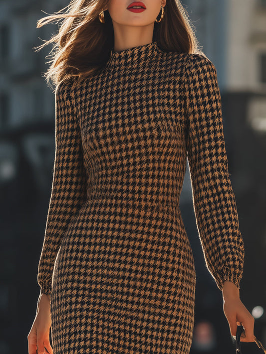 Elegant Houndstooth Mock Neck Midi Dress