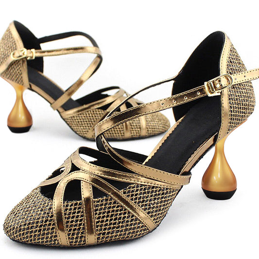 Gold & Black Closed Toe 3'' Decorative Heel Crisscross Pumps
