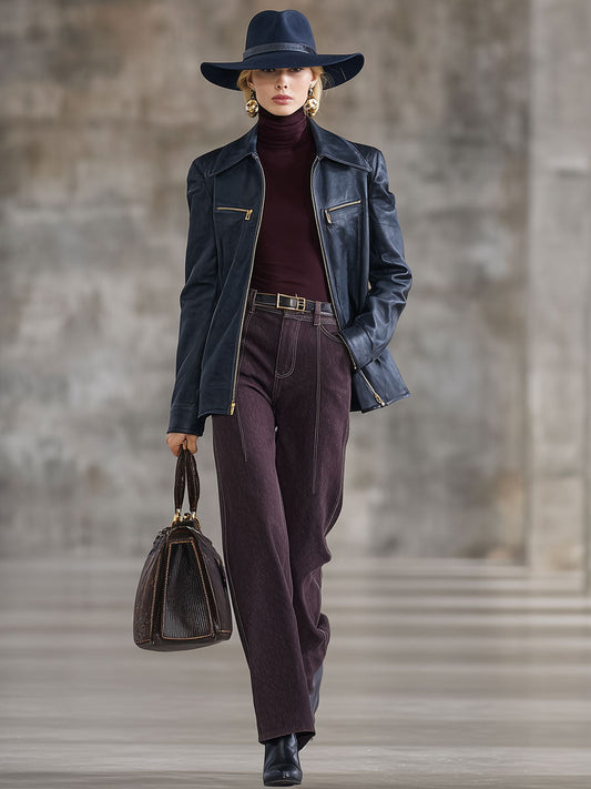 Fashion Vintage Navy Faux Leather Zip-Up Jacket