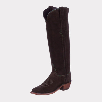 Dark Olive Closed Toe Knee-High Block Heeled Embroidered Cowgirl Boots