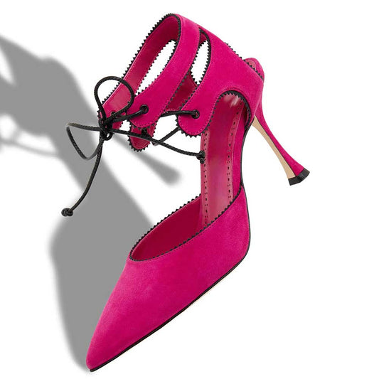 Fuchsia Pointed Toe Stiletto Heel Pumps Shoes with Lace-Up Detail