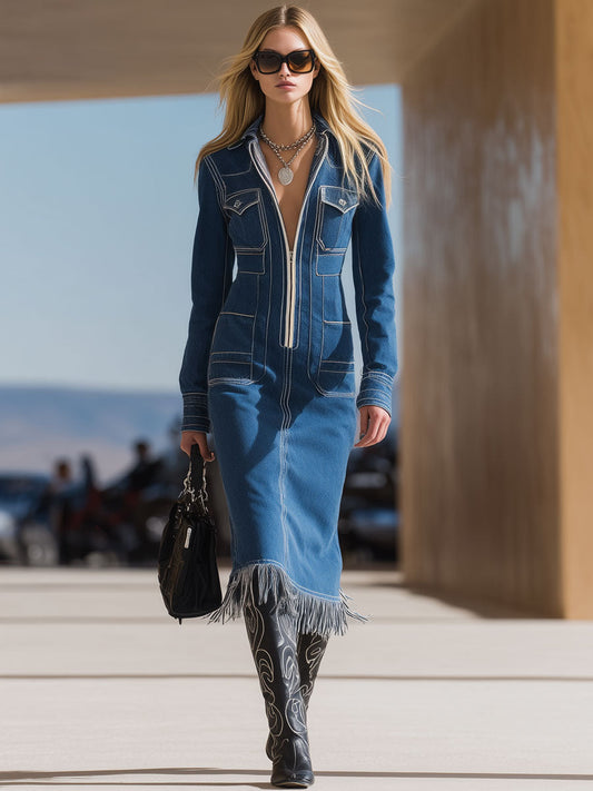 Fashion Retro Topstitched Blue Denim Long-Sleeved Zipper Tassel Midi Dress