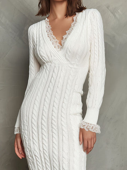 Elegant White Cable Knit Sweater Dress With Lace Trim