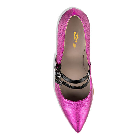 Fuchsia Metallic Leather Pointed Toe Pumps Heels with Two Buckle Strap