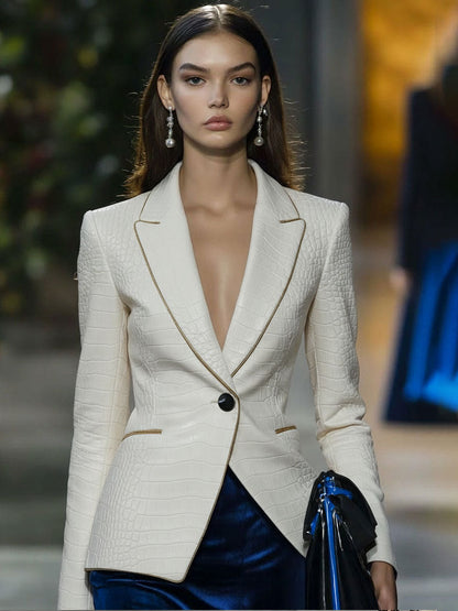 Fashion Retro Gold-Trimmed White Crocodile-Print Faux Leather Blazer