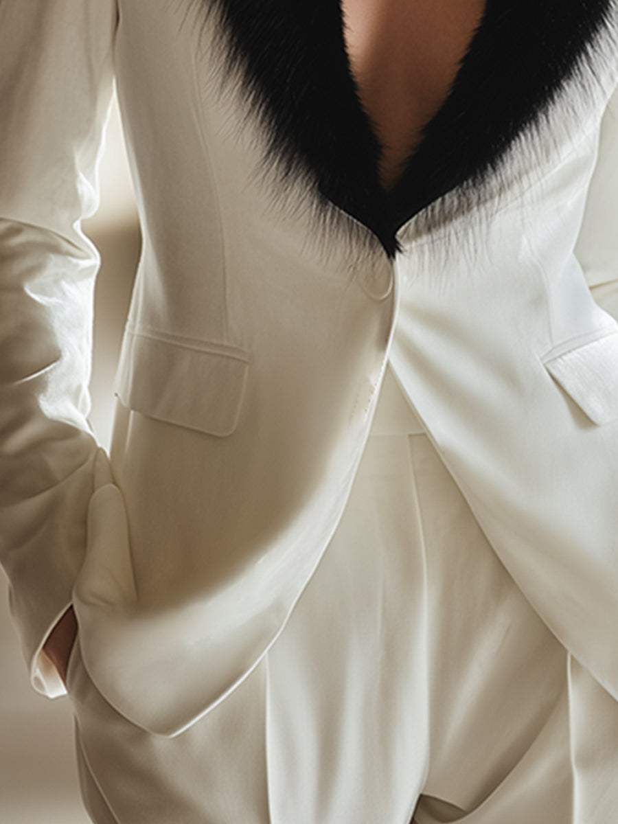 Elegant Classic White Velvet Fur Collar Blazer