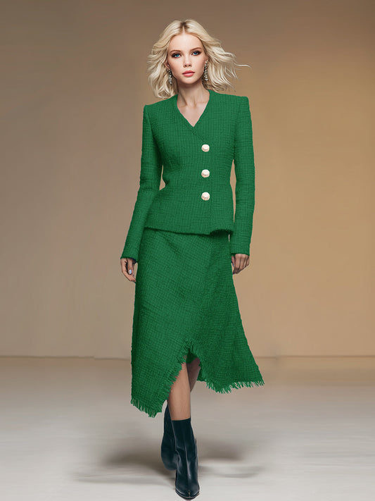 Fashionable And Exquisite Oblique Collar Raw Edge Jacket Irregular Hem Skirt Tweed Set