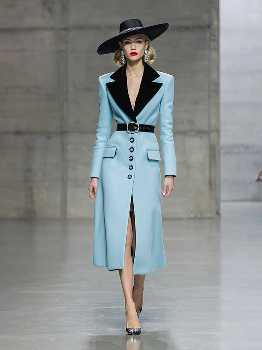 Fashionable And Elegant Black Velvet Collar Light Blue Wool Coat