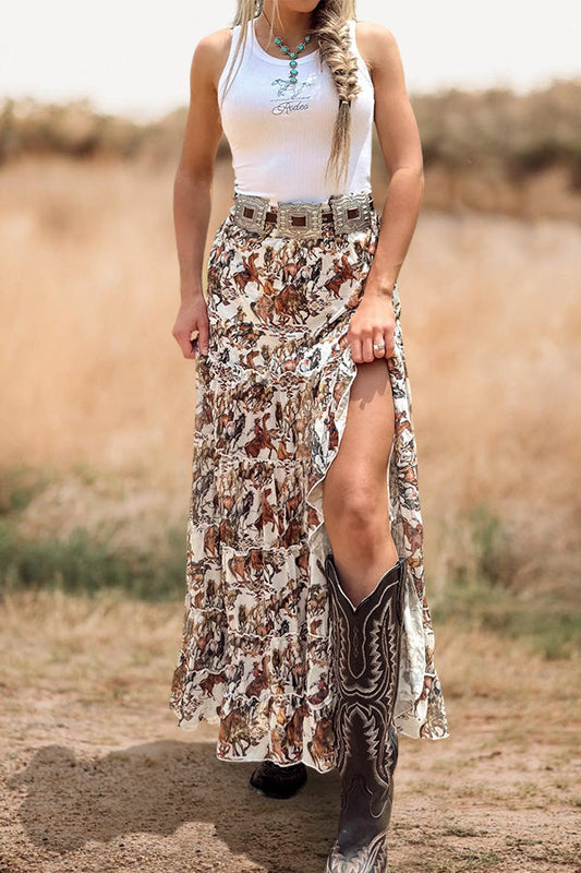 Western Cowboy Aztec Ruffled Slit Maxi Skirt