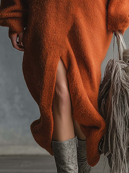Elegant Lazy Warm Orange V-neck Wool Knitted Maxi Dress