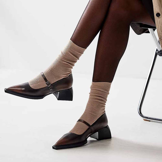 Dark Brown Pointed Toe Chunky Heel Mary Jane Shoes with Buckle Strappy