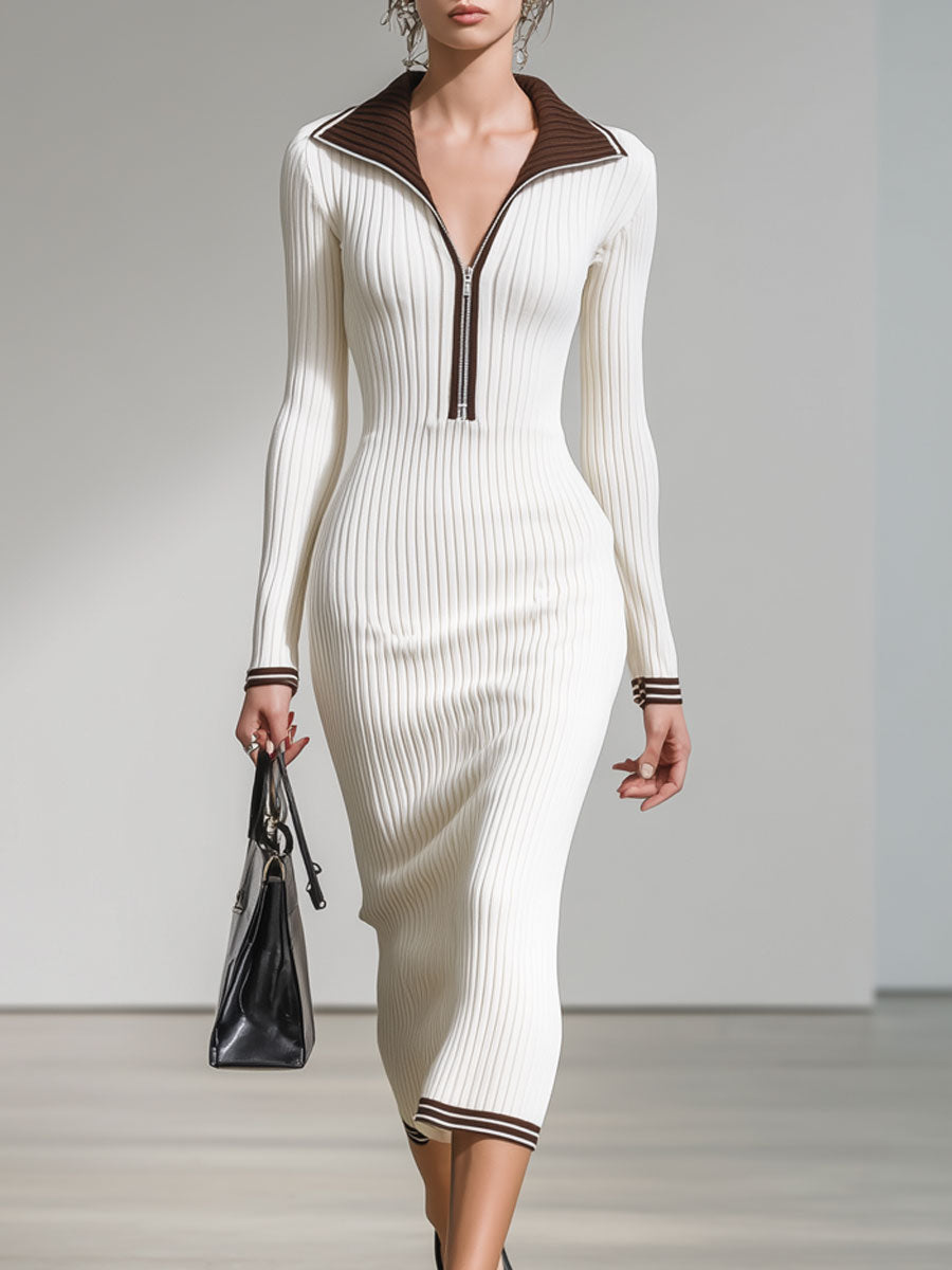 Fashion Retro Brown Trim White Knitted Ribbed Long-Sleeved Midi Dress