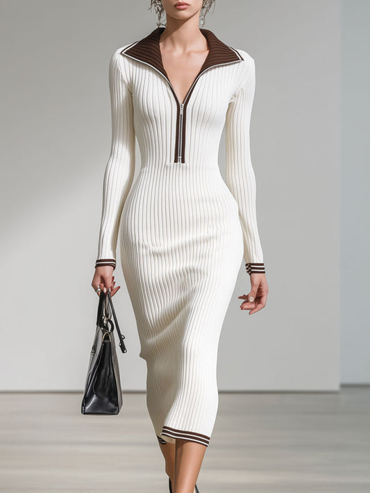 Fashion Retro Brown Trim White Knitted Ribbed Long-Sleeved Midi Dress